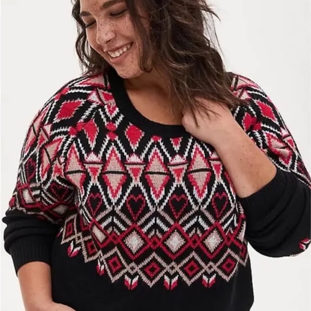 VALENTINE SWEATER! Torrid Pullover Fair Isle. Black, red, pink with hearts. 3X.